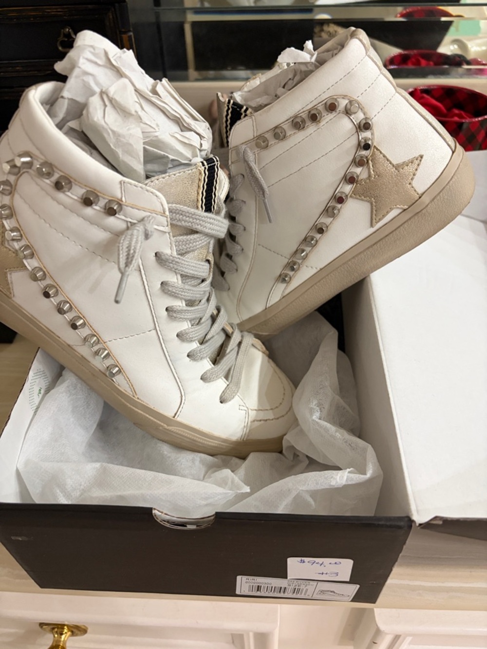 ShuShop White High-Top Sneakers with Gold Star and Stud Trim
Like new worn once